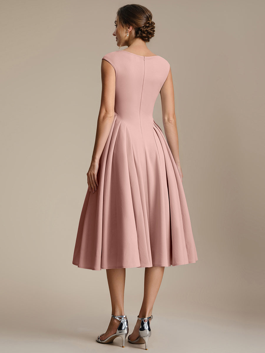 Color=Dusty Rose | One Stop Shop Short Sleeve V-Neck Pleated High Stretch Ball Gown Midi Wedding Guest Dresses-Dusty Rose 2