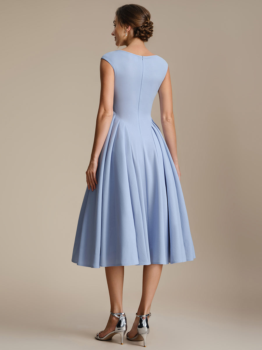 Color=Ice Blue | One Stop Shop Short Sleeve V-Neck Pleated High Stretch Ball Gown Midi Wedding Guest Dresses-Ice Blue 7