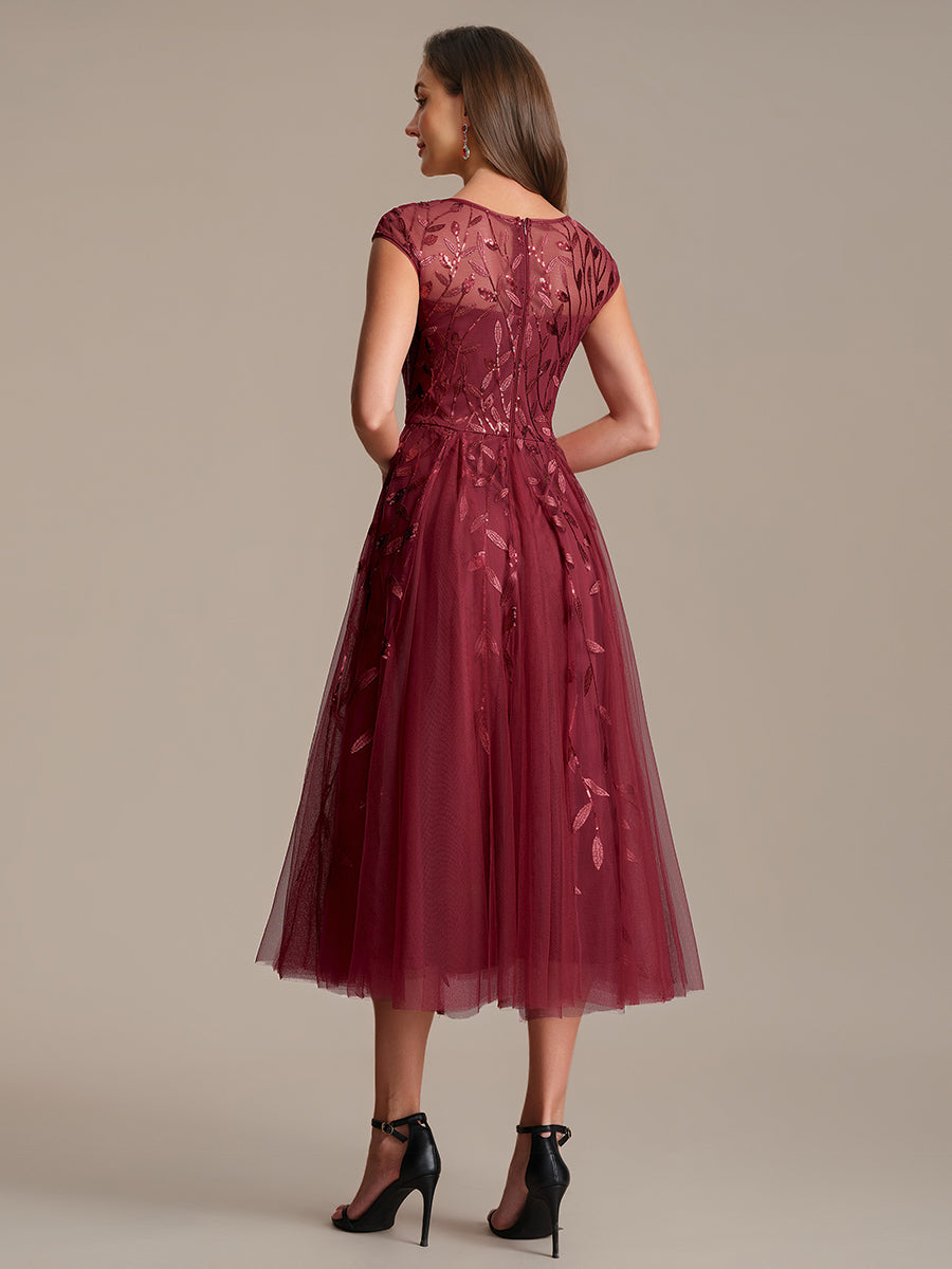 Color=Burgundy | Industrial Use Short Sleeve See-through Patchwork A-Line Tea Length Wedding Guest Dresses-Burgundy 2