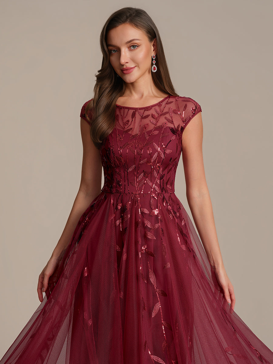 Color=Burgundy | Industrial Use Short Sleeve See-through Patchwork A-Line Tea Length Wedding Guest Dresses-Burgundy 3