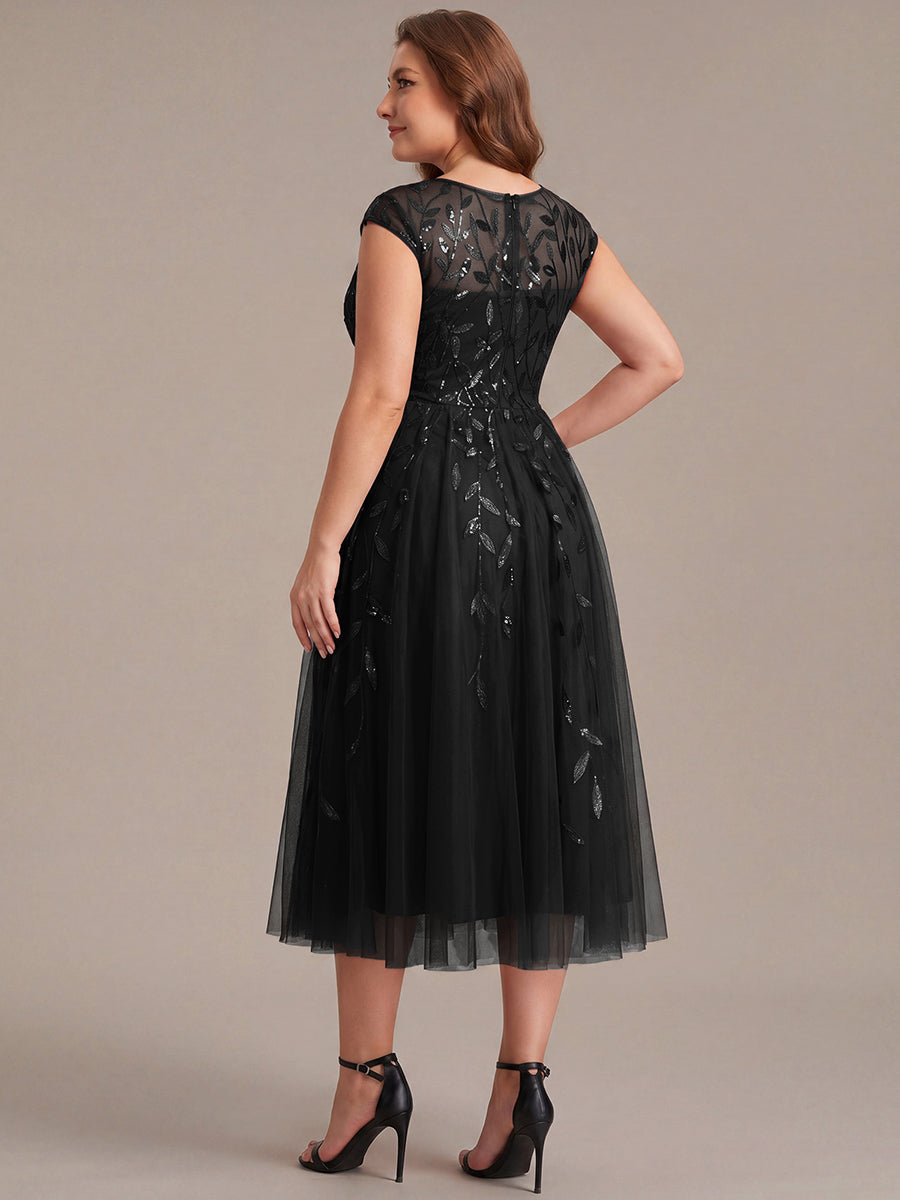 Color=Black | Volume Discounts Short Sleeve Cap Sleeve Sequin See-Through A-Line Tea Length Wedding Guest Dresses-Black 7