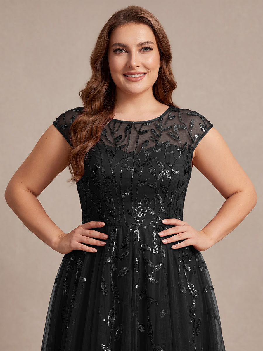 Color=Black | Volume Discounts Short Sleeve Cap Sleeve Sequin See-Through A-Line Tea Length Wedding Guest Dresses-Black 8