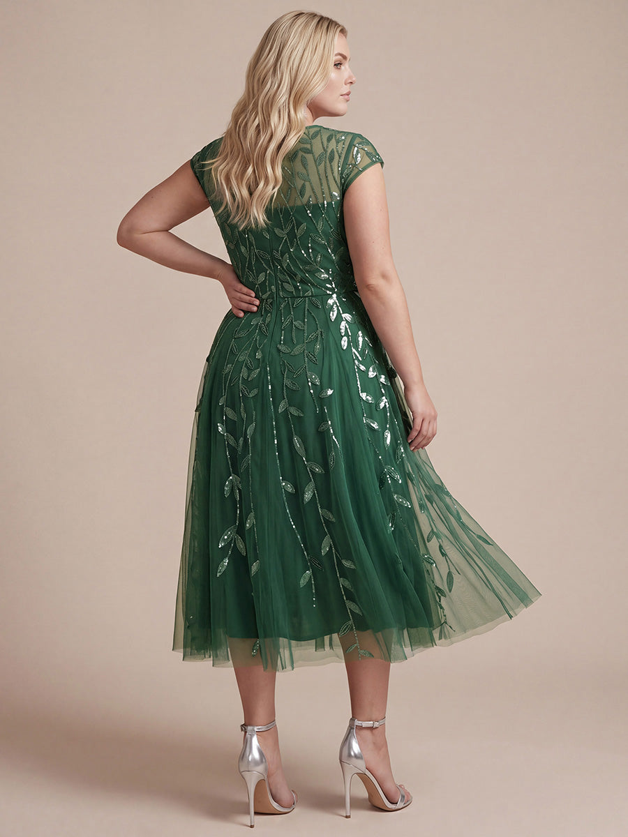 Color=Eucalyptus | Industrial Use Short Sleeve See-through Patchwork A-Line Tea Length Wedding Guest Dresses-Eucalyptus 12