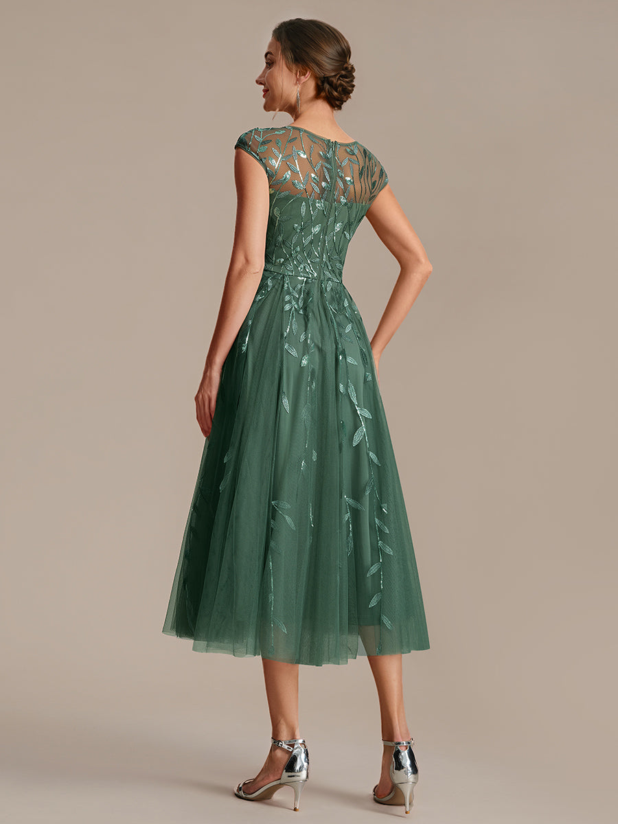 Color=Eucalyptus | Industrial Use Short Sleeve See-through Patchwork A-Line Tea Length Wedding Guest Dresses-Eucalyptus 7