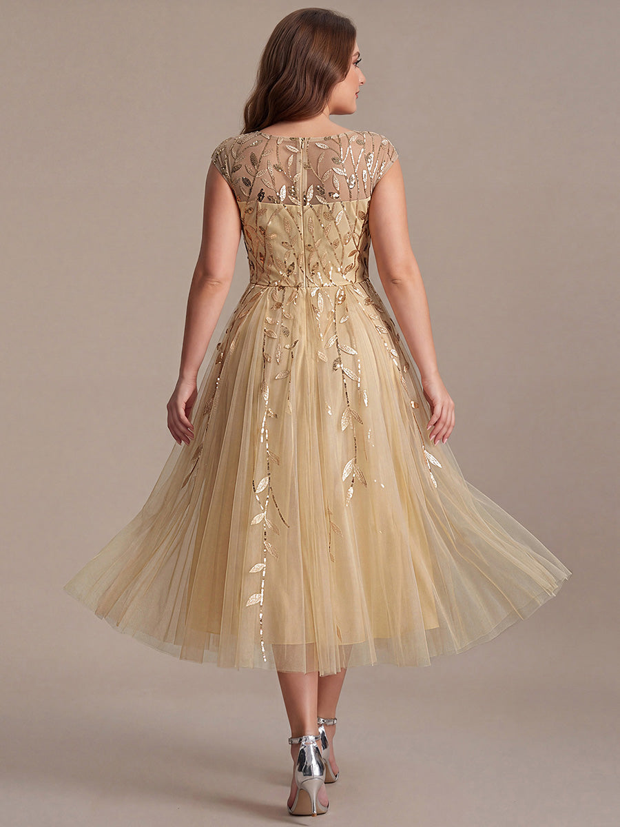 Color=Gold | Volume Discounts Short Sleeve Cap Sleeve Sequin See-Through A-Line Tea Length Wedding Guest Dresses-Gold 17