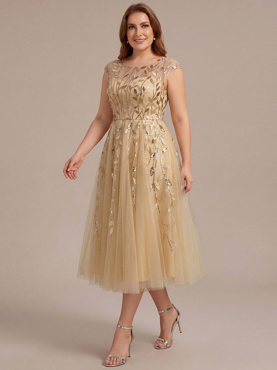 Color=Gold | Volume Discounts Short Sleeve Cap Sleeve Sequin See-Through A-Line Tea Length Wedding Guest Dresses-Gold 19