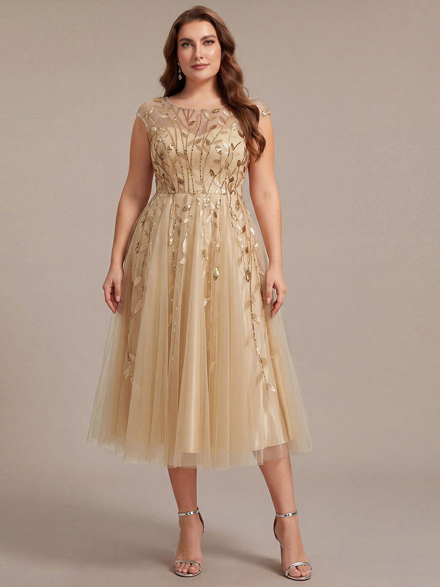 Color=Gold | Volume Discounts Short Sleeve Cap Sleeve Sequin See-Through A-Line Tea Length Wedding Guest Dresses-Gold 20