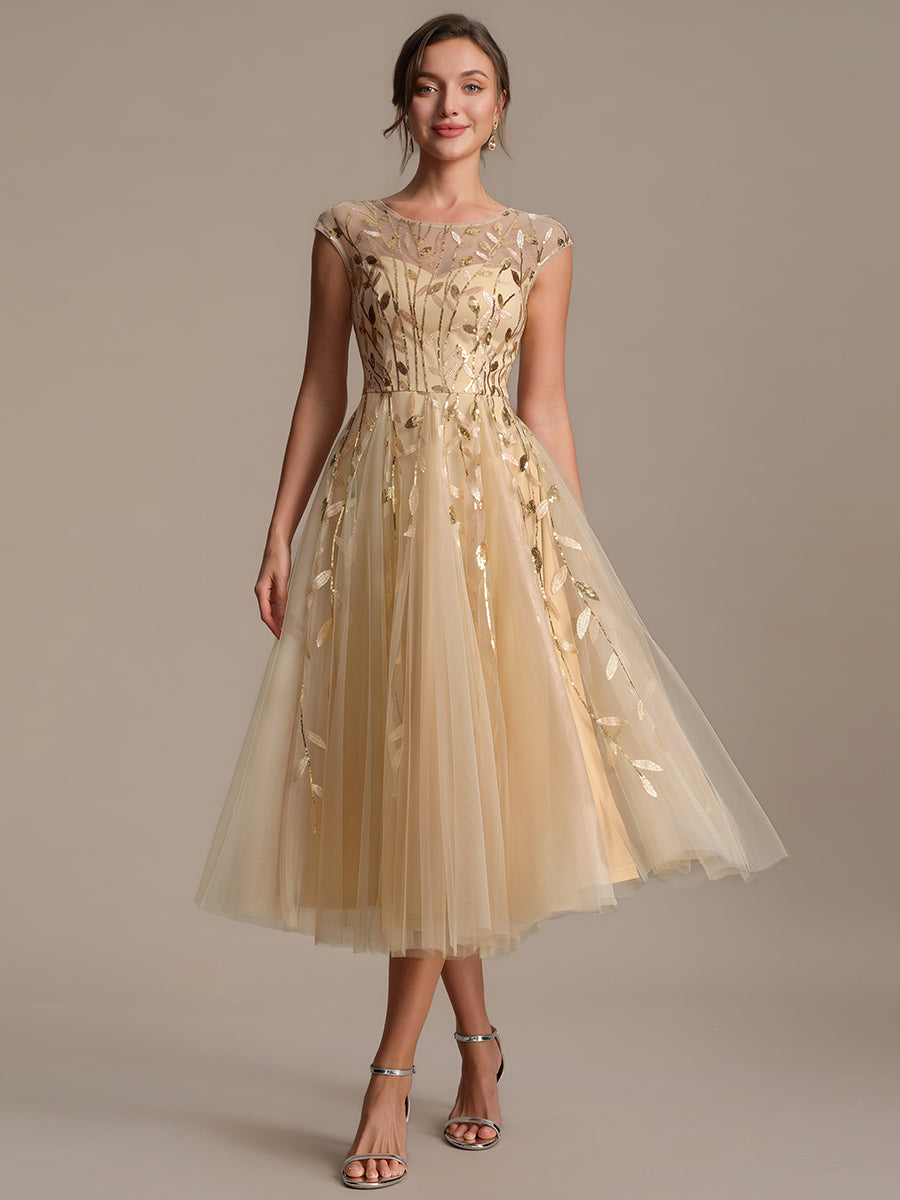 Color=Gold | Volume Discounts Short Sleeve Cap Sleeve Sequin See-Through A-Line Tea Length Wedding Guest Dresses-Gold 11
