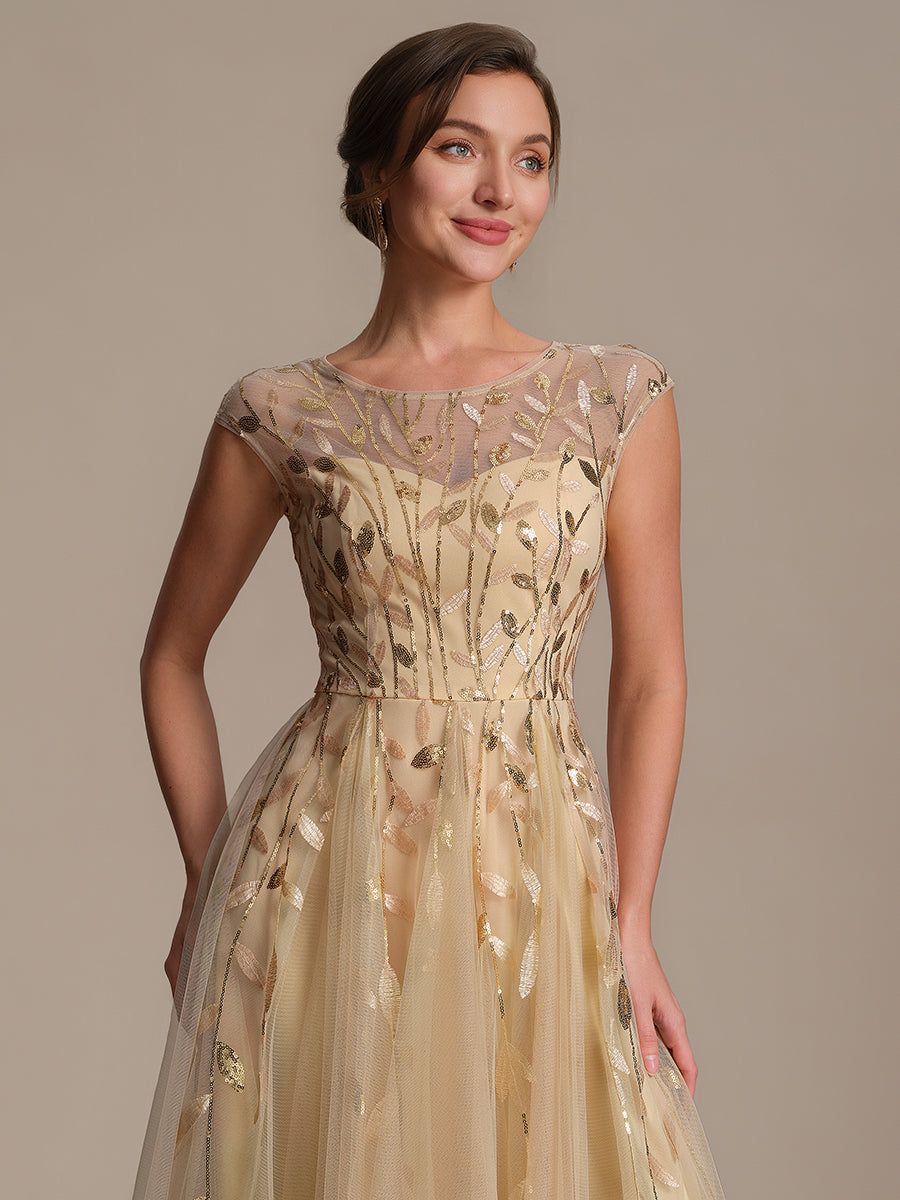 Color=Gold | Volume Discounts Short Sleeve Cap Sleeve Sequin See-Through A-Line Tea Length Wedding Guest Dresses-Gold 13