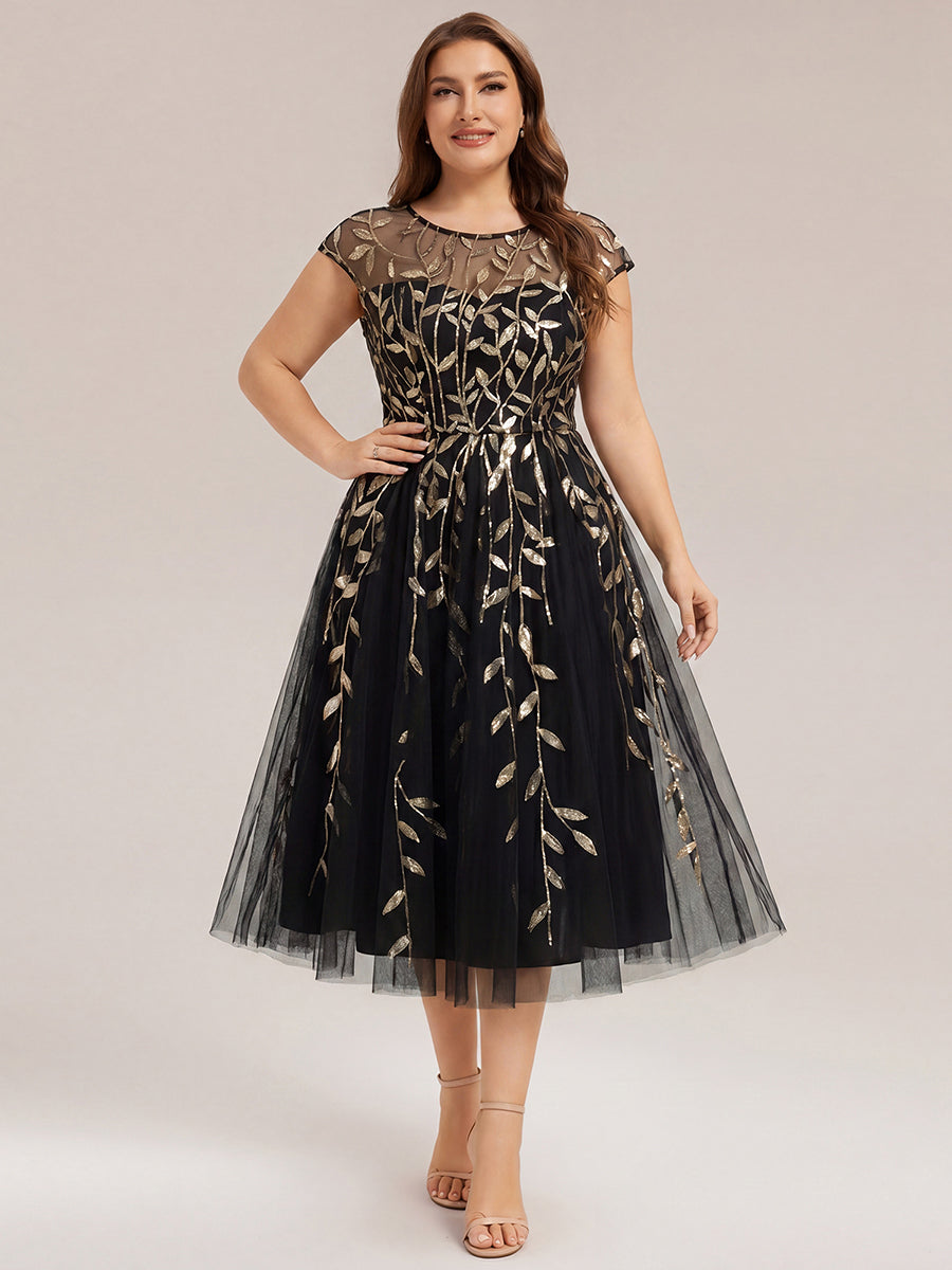 Color=Black Gold | Volume Discounts Short Sleeve Cap Sleeve Sequin See-Through A-Line Tea Length Wedding Guest Dresses-Black Gold 26