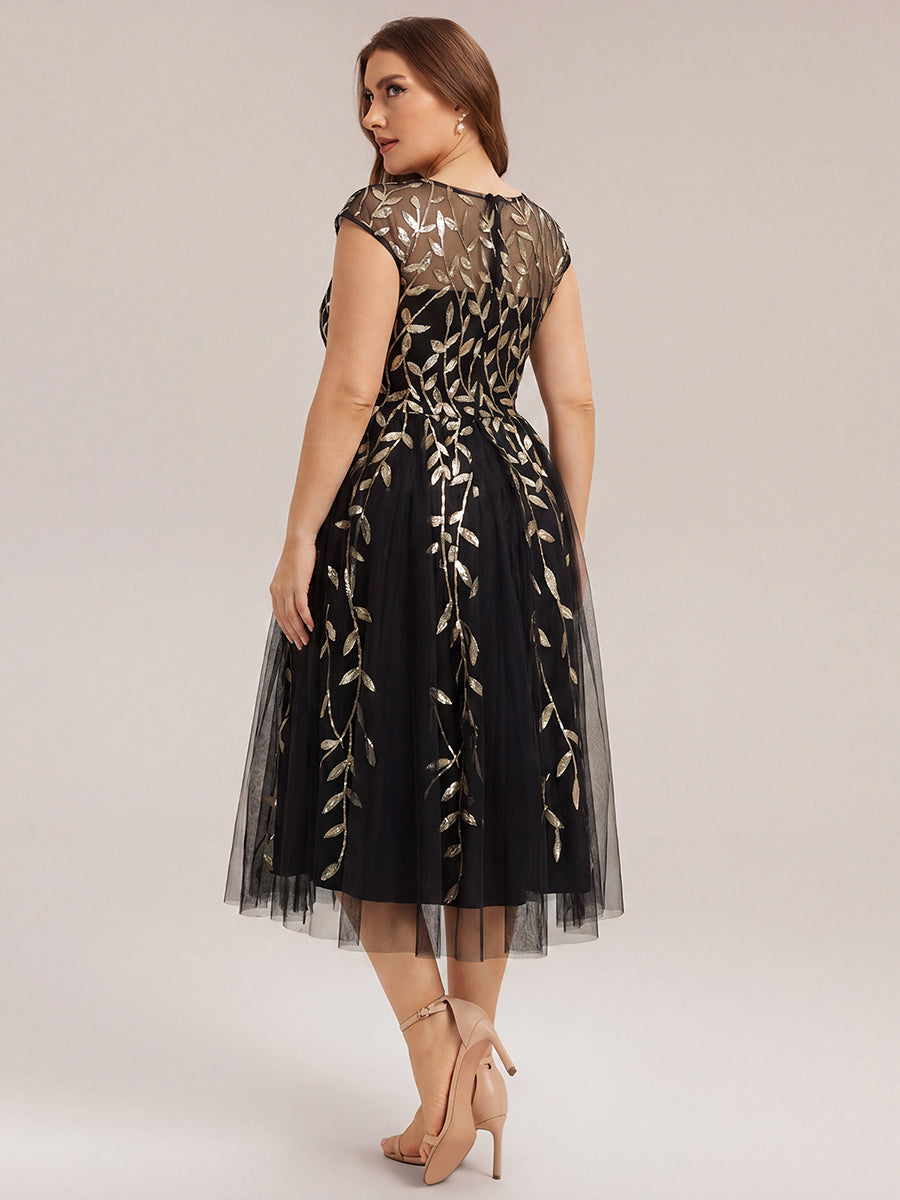 Color=Black Gold | Volume Discounts Short Sleeve Cap Sleeve Sequin See-Through A-Line Tea Length Wedding Guest Dresses-Black Gold 27