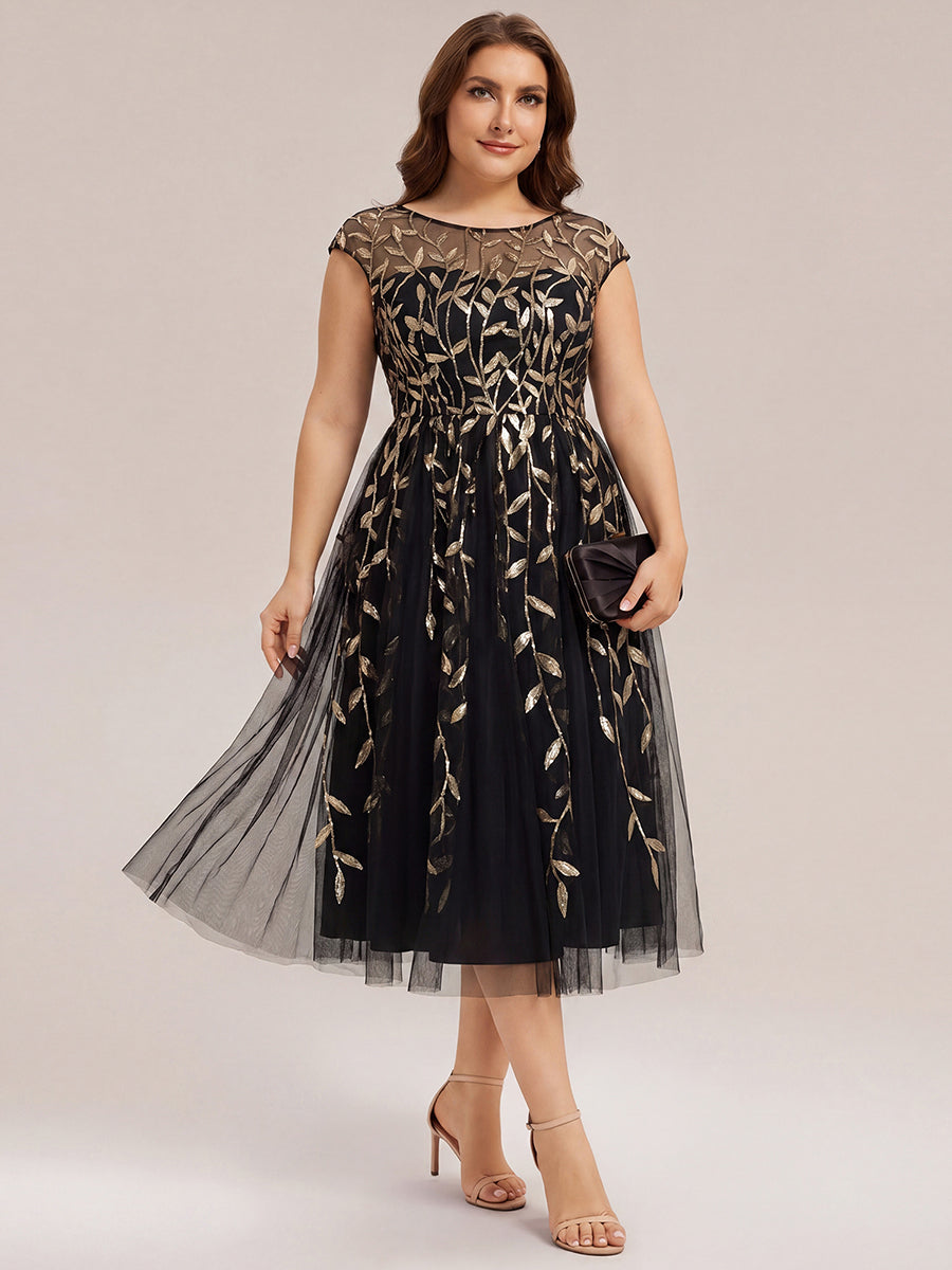 Color=Black Gold | Volume Discounts Short Sleeve Cap Sleeve Sequin See-Through A-Line Tea Length Wedding Guest Dresses-Black Gold 29
