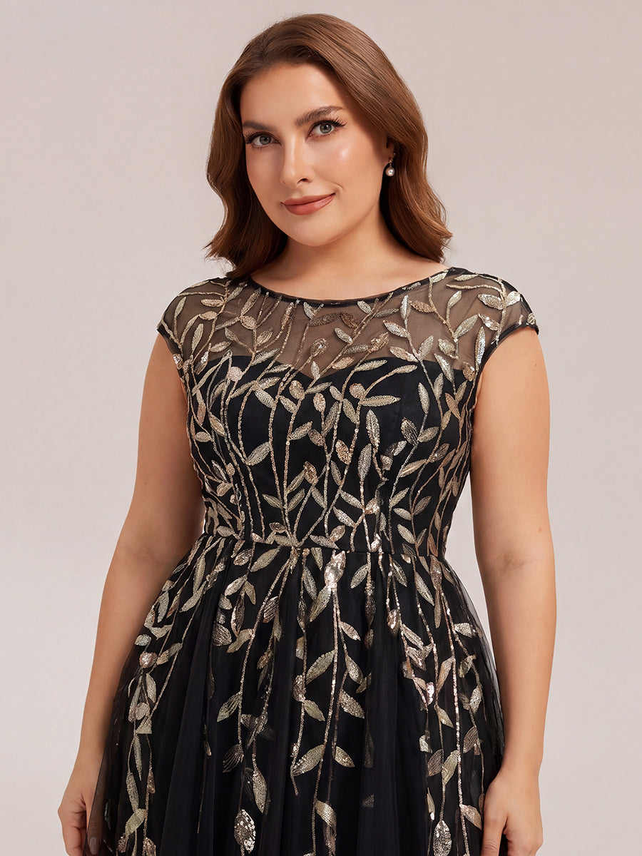 Color=Black Gold | Volume Discounts Short Sleeve Cap Sleeve Sequin See-Through A-Line Tea Length Wedding Guest Dresses-Black Gold 28