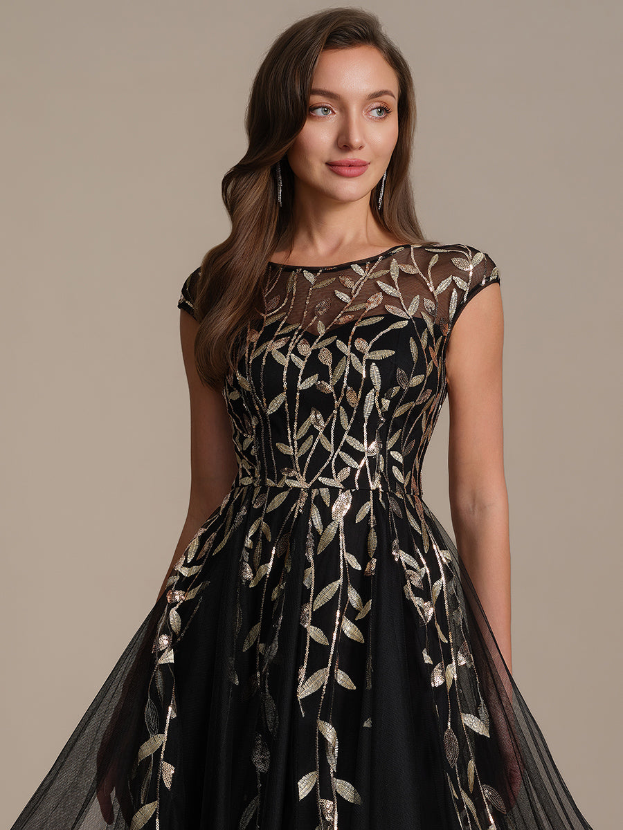 Color=Black Gold | Volume Discounts Short Sleeve Cap Sleeve Sequin See-Through A-Line Tea Length Wedding Guest Dresses-Black Gold 23