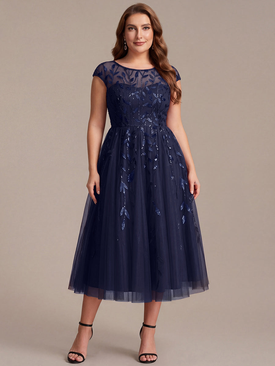 Color=Navy Blue | Volume Discounts Short Sleeve Cap Sleeve Sequin See-Through A-Line Tea Length Wedding Guest Dresses-Navy Blue 36