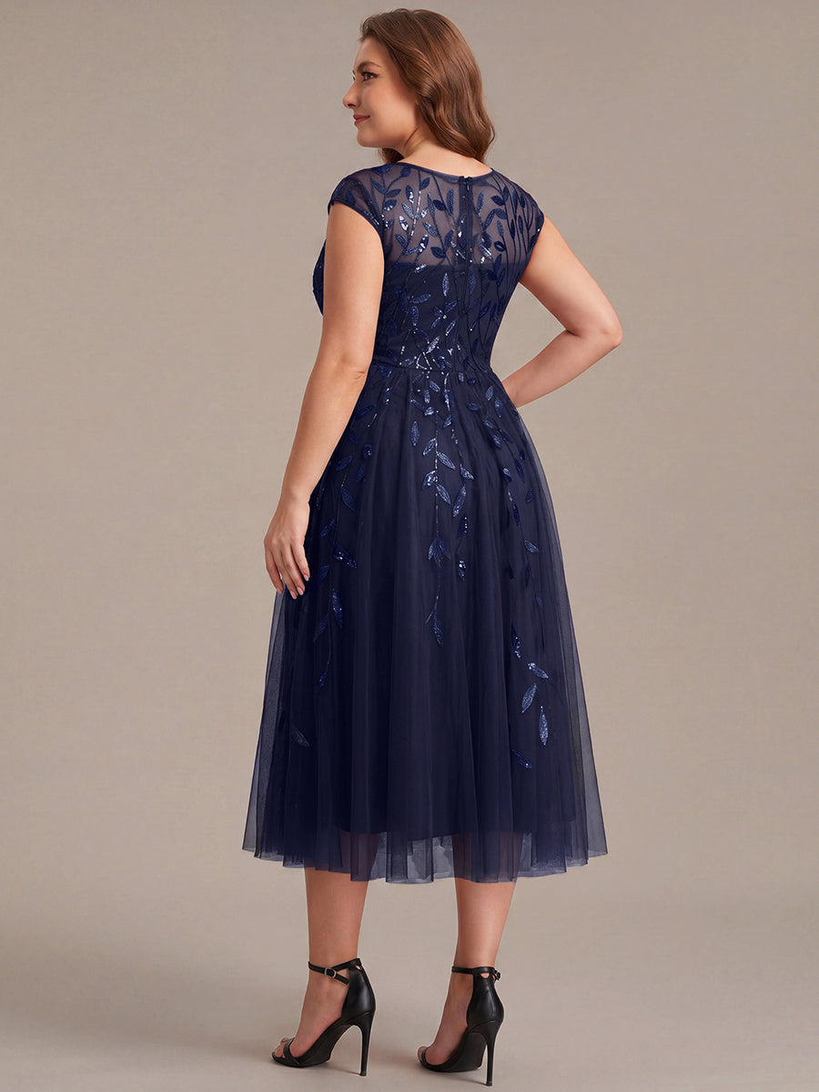 Color=Navy Blue | Volume Discounts Short Sleeve Cap Sleeve Sequin See-Through A-Line Tea Length Wedding Guest Dresses-Navy Blue 37