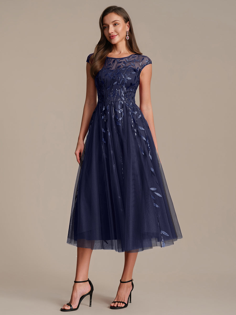 Color=Navy Blue | Volume Discounts Short Sleeve Cap Sleeve Sequin See-Through A-Line Tea Length Wedding Guest Dresses-Navy Blue 35
