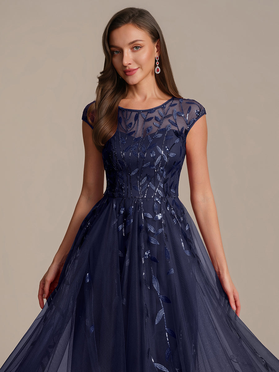 Color=Navy Blue | Volume Discounts Short Sleeve Cap Sleeve Sequin See-Through A-Line Tea Length Wedding Guest Dresses-Navy Blue 33