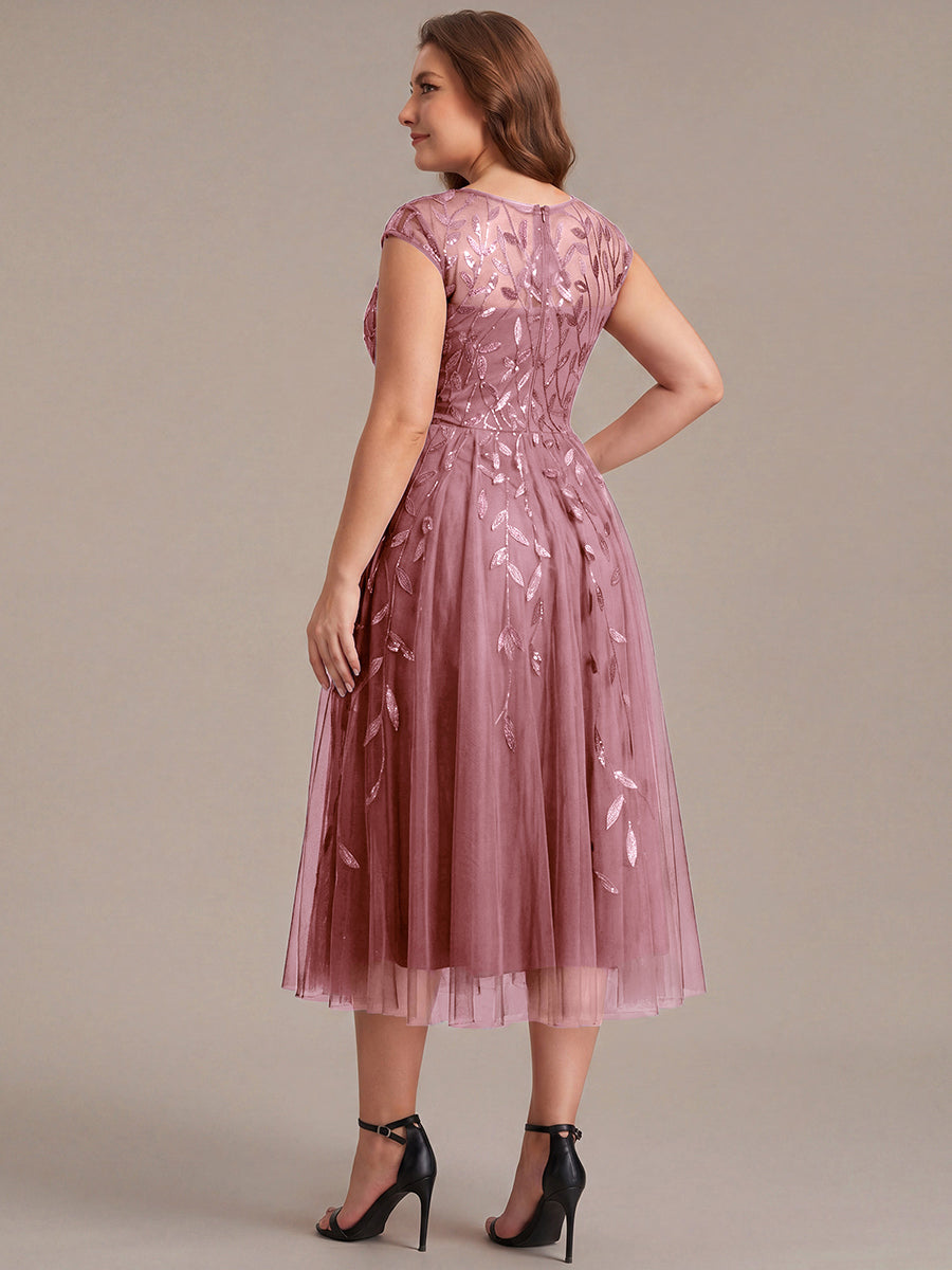 Color=Purple Orchid | Volume Discounts Short Sleeve Cap Sleeve Sequin See-Through A-Line Tea Length Wedding Guest Dresses-Purple Orchid 47