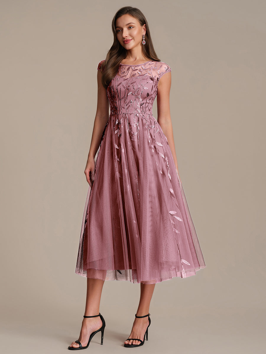 Color=Purple Orchid | Volume Discounts Short Sleeve Cap Sleeve Sequin See-Through A-Line Tea Length Wedding Guest Dresses-Purple Orchid 45