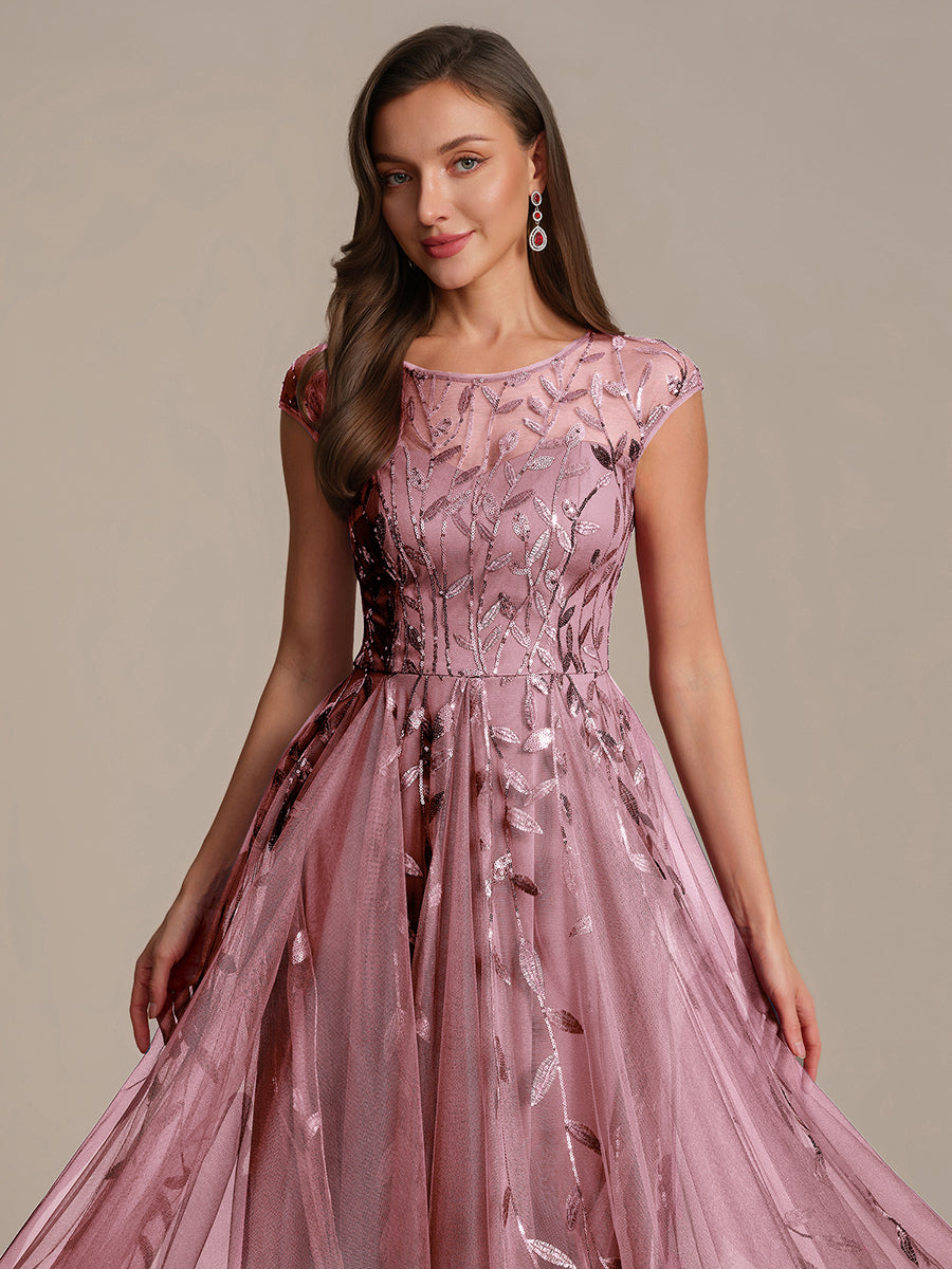 Color=Purple Orchid | Volume Discounts Short Sleeve Cap Sleeve Sequin See-Through A-Line Tea Length Wedding Guest Dresses-Purple Orchid 43
