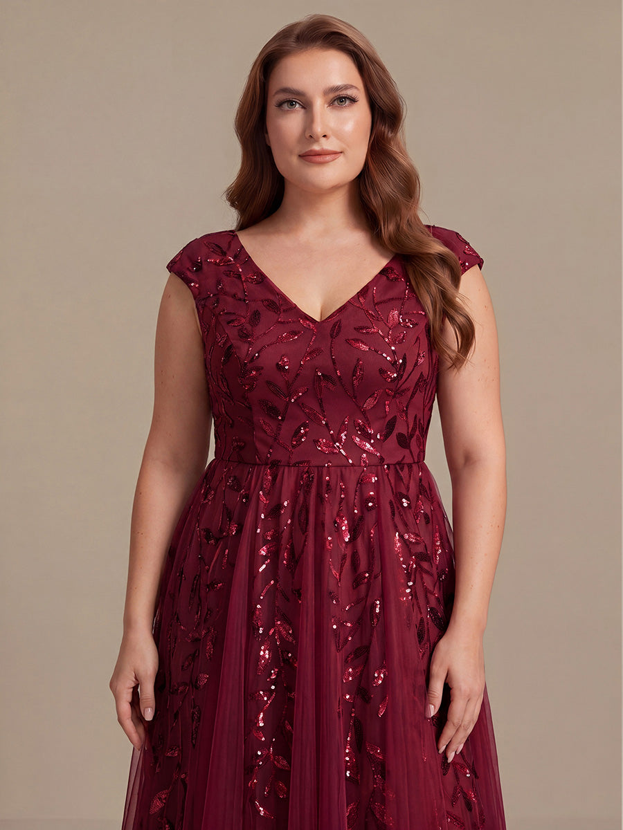 Color=Burgundy | Factory Design Sleeveless V-Neck Sequin A-Line Midi Wedding Guest Dresses-Burgundy 8
