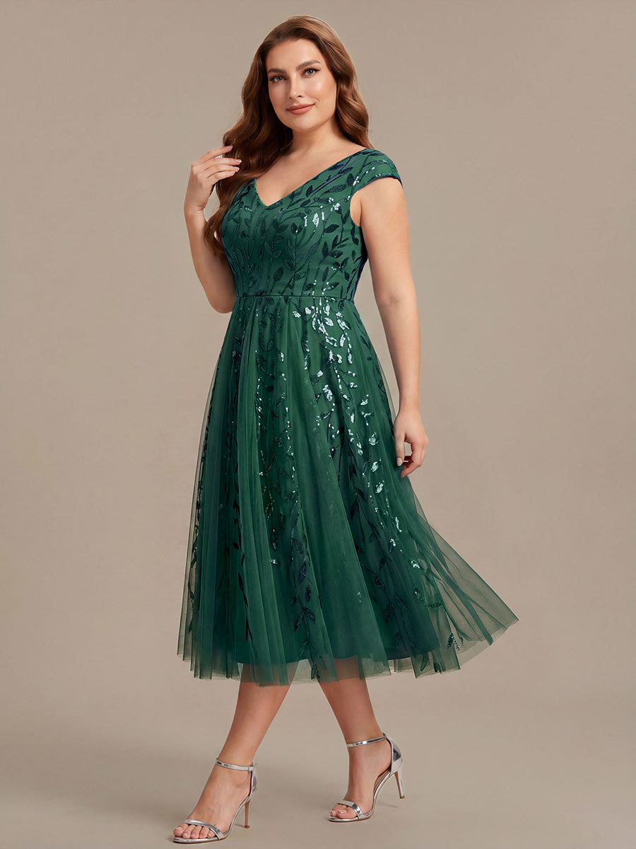 Color=Dark Green | Factory Design Sleeveless V-Neck Sequin A-Line Midi Wedding Guest Dresses-Dark Green 20