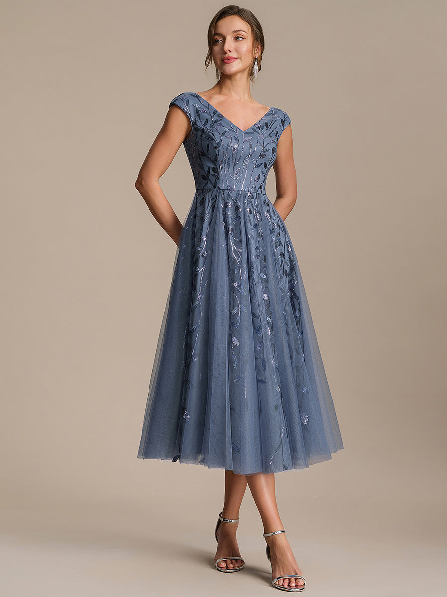 Color=Dusty Blue | Factory Design Sleeveless V-Neck Sequin A-Line Midi Wedding Guest Dresses-Dusty Blue 24
