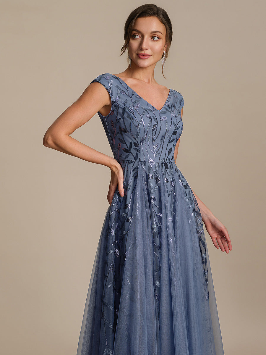 Color=Dusty Blue | Factory Design Sleeveless V-Neck Sequin A-Line Midi Wedding Guest Dresses-Dusty Blue 23