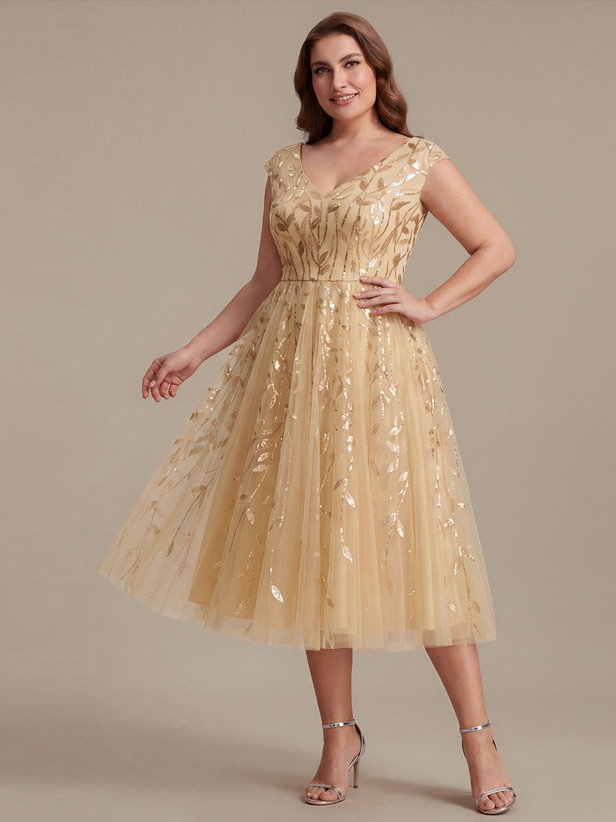 Color=Gold | Factory Design Sleeveless V-Neck Sequin A-Line Midi Wedding Guest Dresses-Gold 40