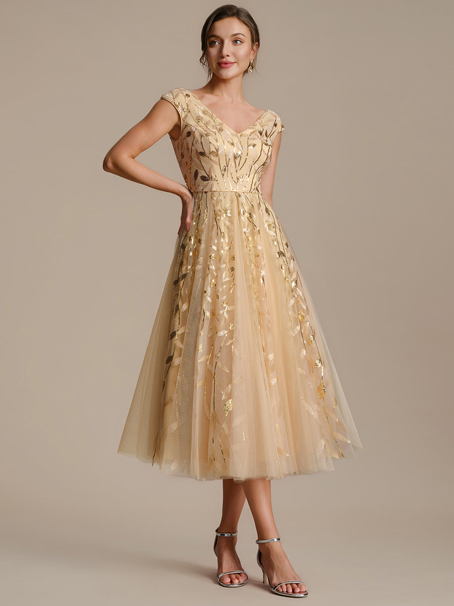 Color=Gold | Factory Design Sleeveless V-Neck Sequin A-Line Midi Wedding Guest Dresses-Gold 34