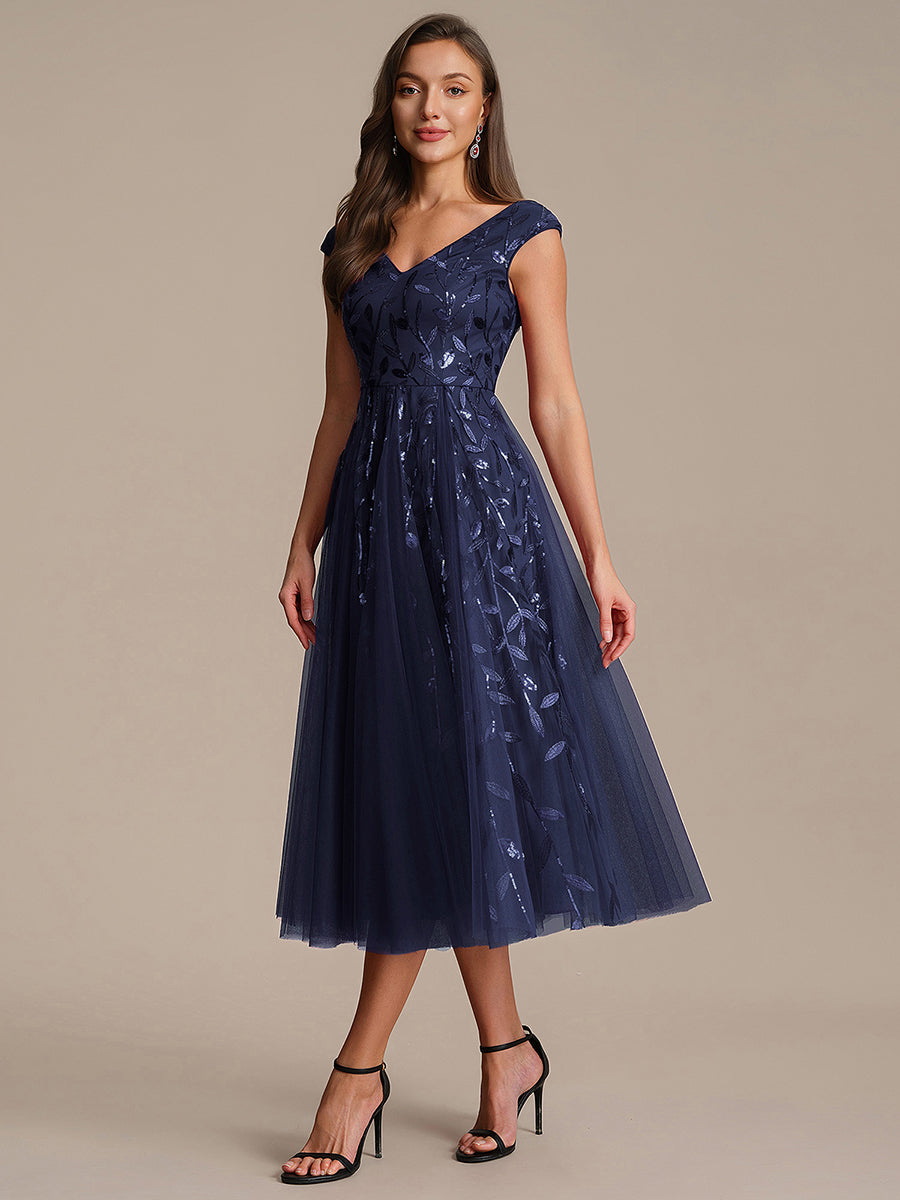 Color=Navy Blue | Factory Design Sleeveless V-Neck Sequin A-Line Midi Wedding Guest Dresses-Navy Blue 45