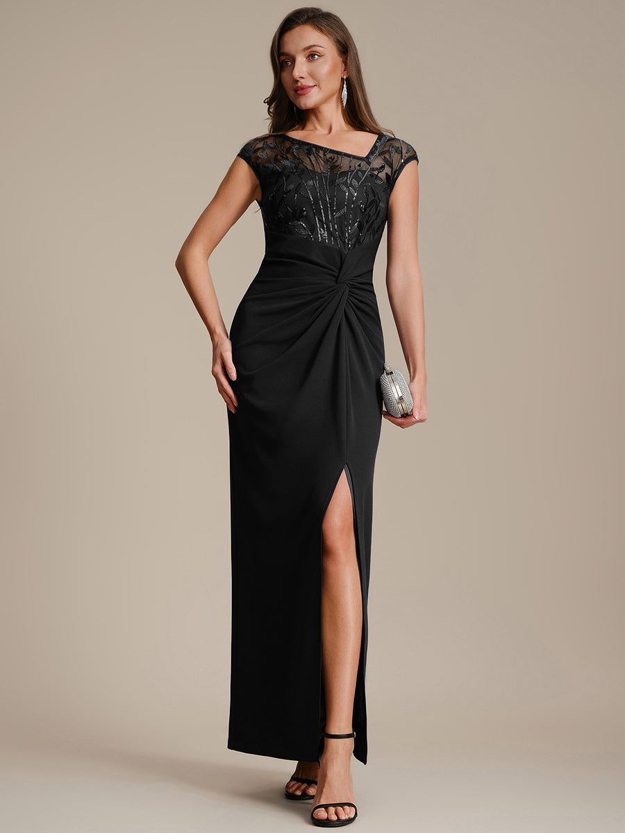 Color=Black | Wholesale Pricing Cap Sleeves Asymmetrical Sequin Bodycon Maxi Length Wedding Guest Dresses