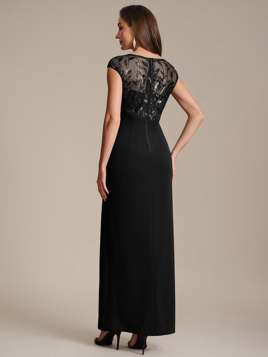 Color=Black | Wholesale Pricing Cap Sleeves Asymmetrical Sequin Bodycon Maxi Length Wedding Guest Dresses