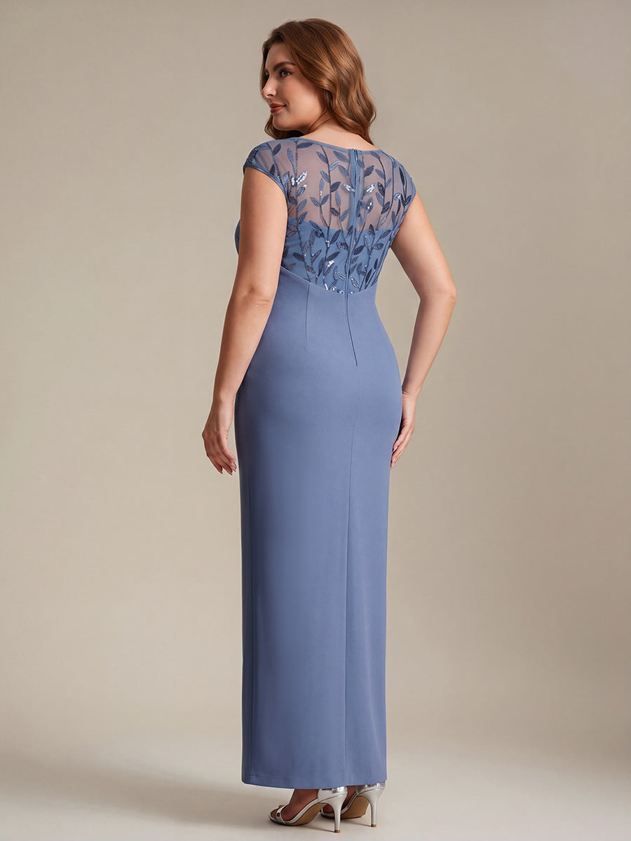 Color=Dusty Blue | Wholesale Pricing Short Sleeve Asymmetrical Sequin Bodycon Floor Length Wedding Guest Dresses-Dusty Blue 7