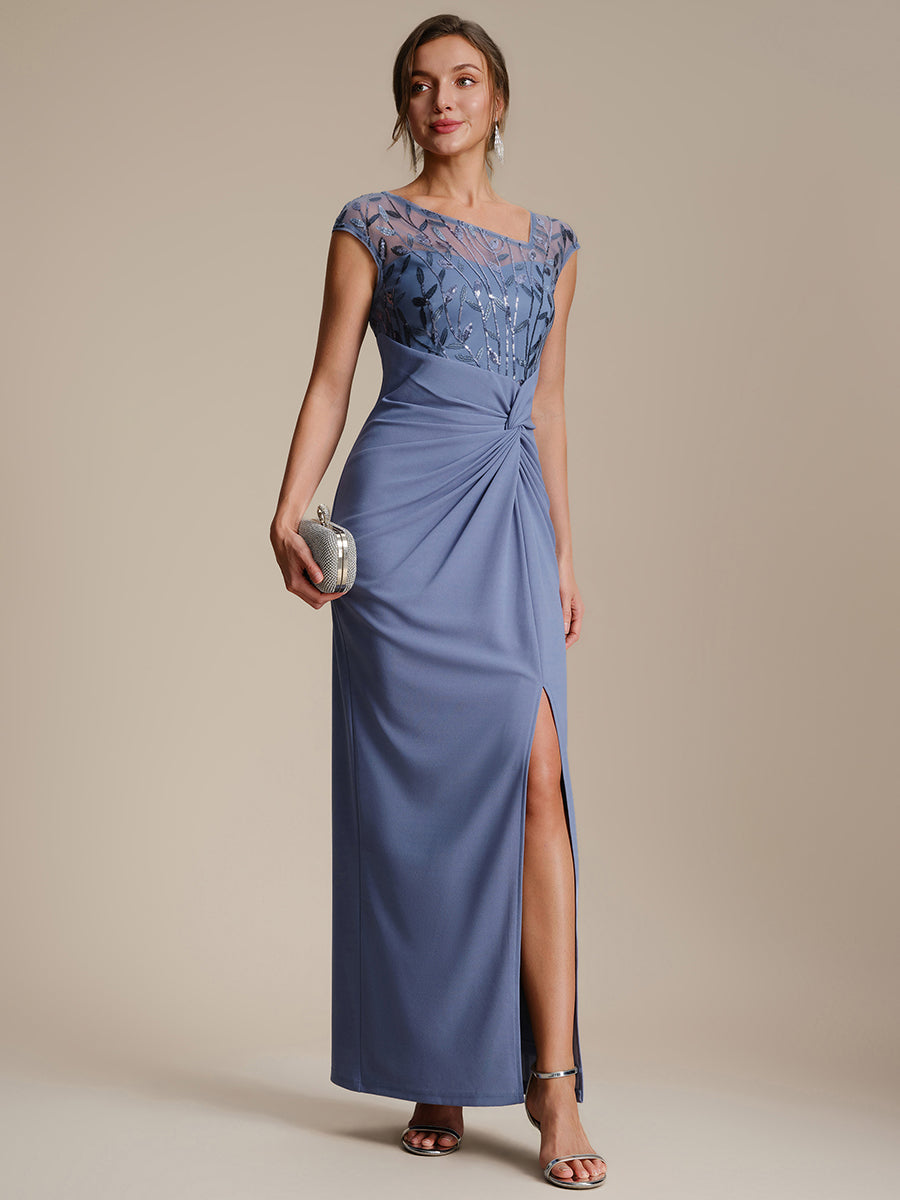 Color=Dusty Blue | Wholesale Pricing Short Sleeve Asymmetrical Sequin Bodycon Floor Length Wedding Guest Dresses-Dusty Blue 4