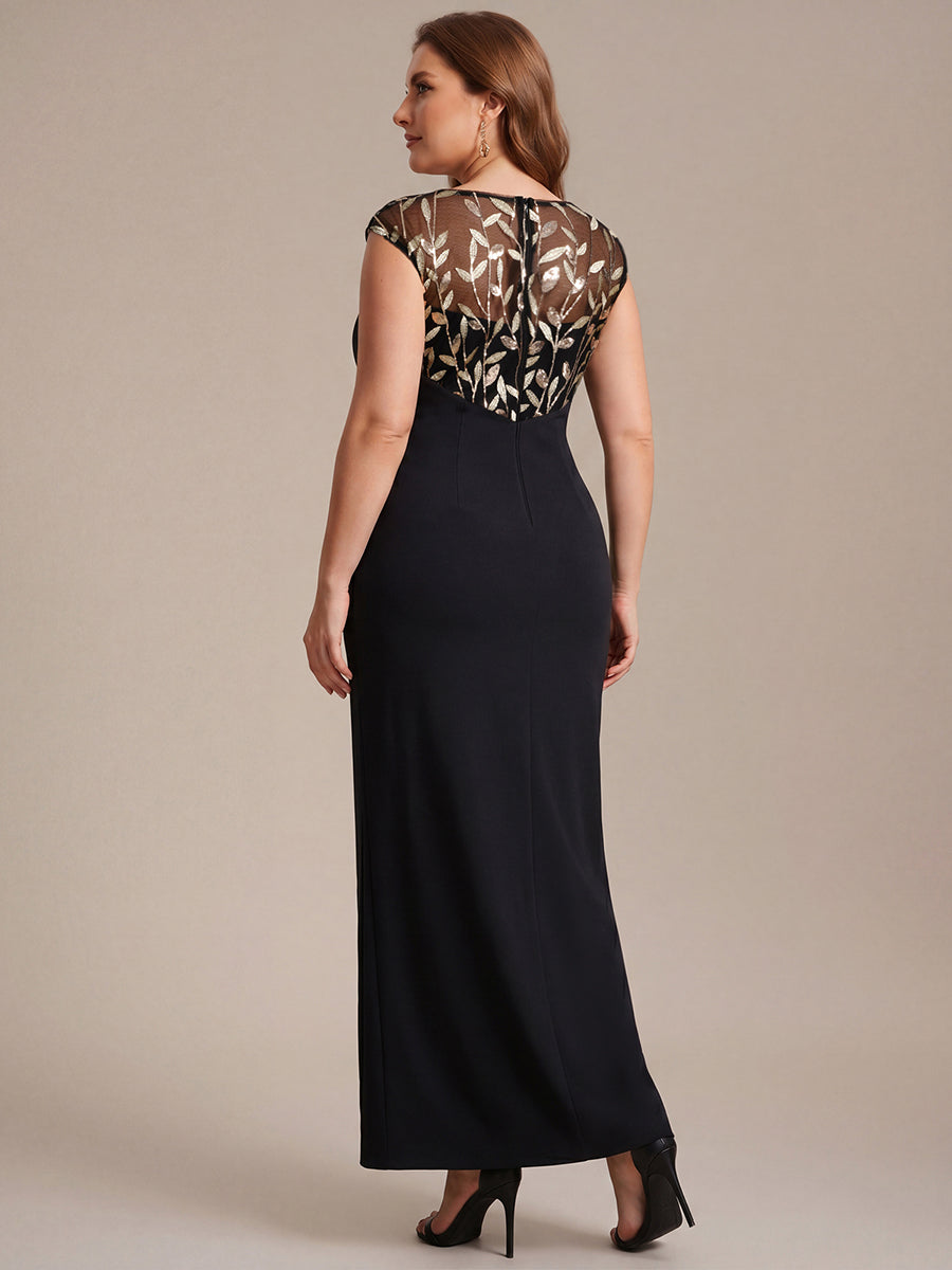 Color=Black Gold | Wholesale Pricing Short Sleeve Asymmetrical Sequin Bodycon Floor Length Wedding Guest Dresses-Black Gold 17