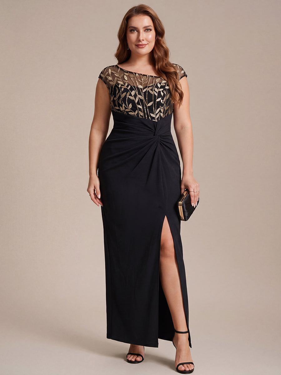 Color=Black Gold | Wholesale Pricing Short Sleeve Asymmetrical Sequin Bodycon Floor Length Wedding Guest Dresses-Black Gold 20