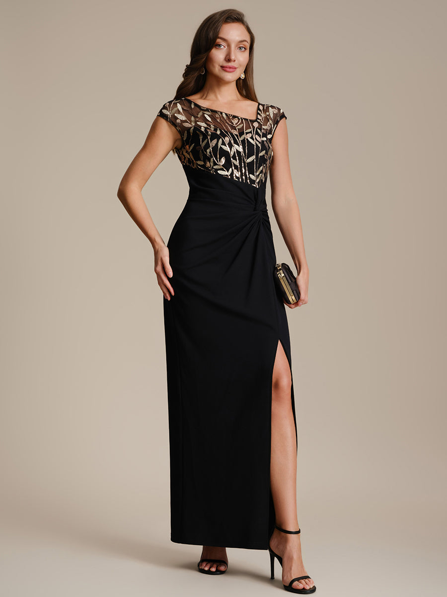 Color=Black Gold | Wholesale Pricing Short Sleeve Asymmetrical Sequin Bodycon Floor Length Wedding Guest Dresses-Black Gold 14