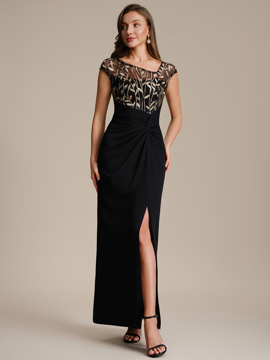 Color=Black Gold | Wholesale Pricing Short Sleeve Asymmetrical Sequin Bodycon Floor Length Wedding Guest Dresses-Black Gold 15
