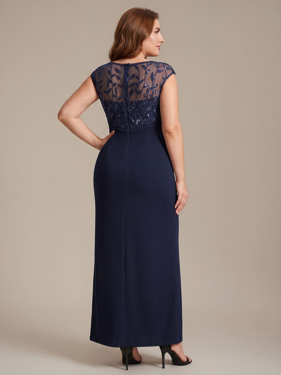 Color=Navy Blue | Wholesale Pricing Short Sleeve Asymmetrical Sequin Bodycon Floor Length Wedding Guest Dresses-Navy Blue 27