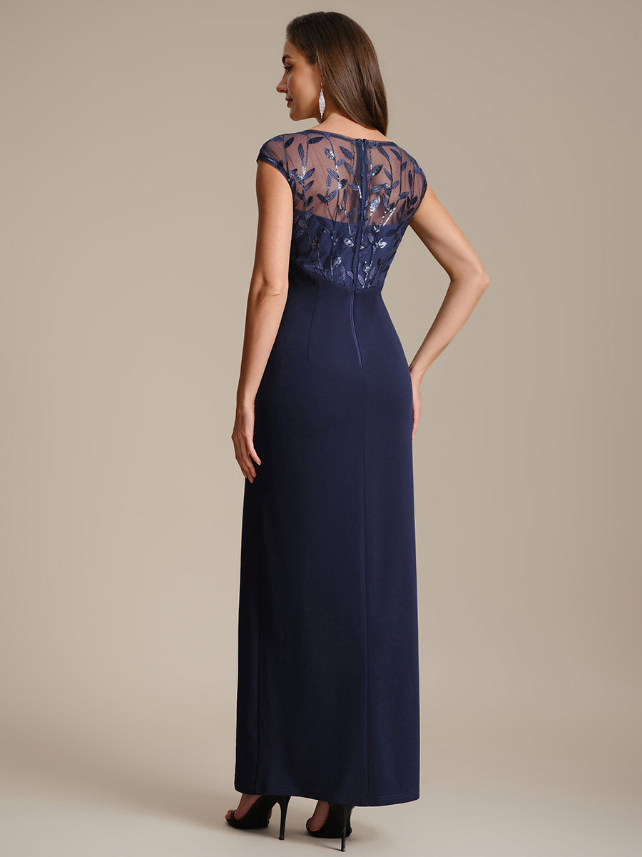 Color=Navy Blue | Wholesale Pricing Short Sleeve Asymmetrical Sequin Bodycon Floor Length Wedding Guest Dresses-Navy Blue 22