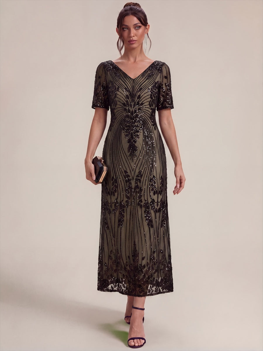 Wholesale Pricing Plus Size Short Sleeve Sheath Sequined V-Neck Wedding Guest Dresses - EG02793BK-R15.jpg