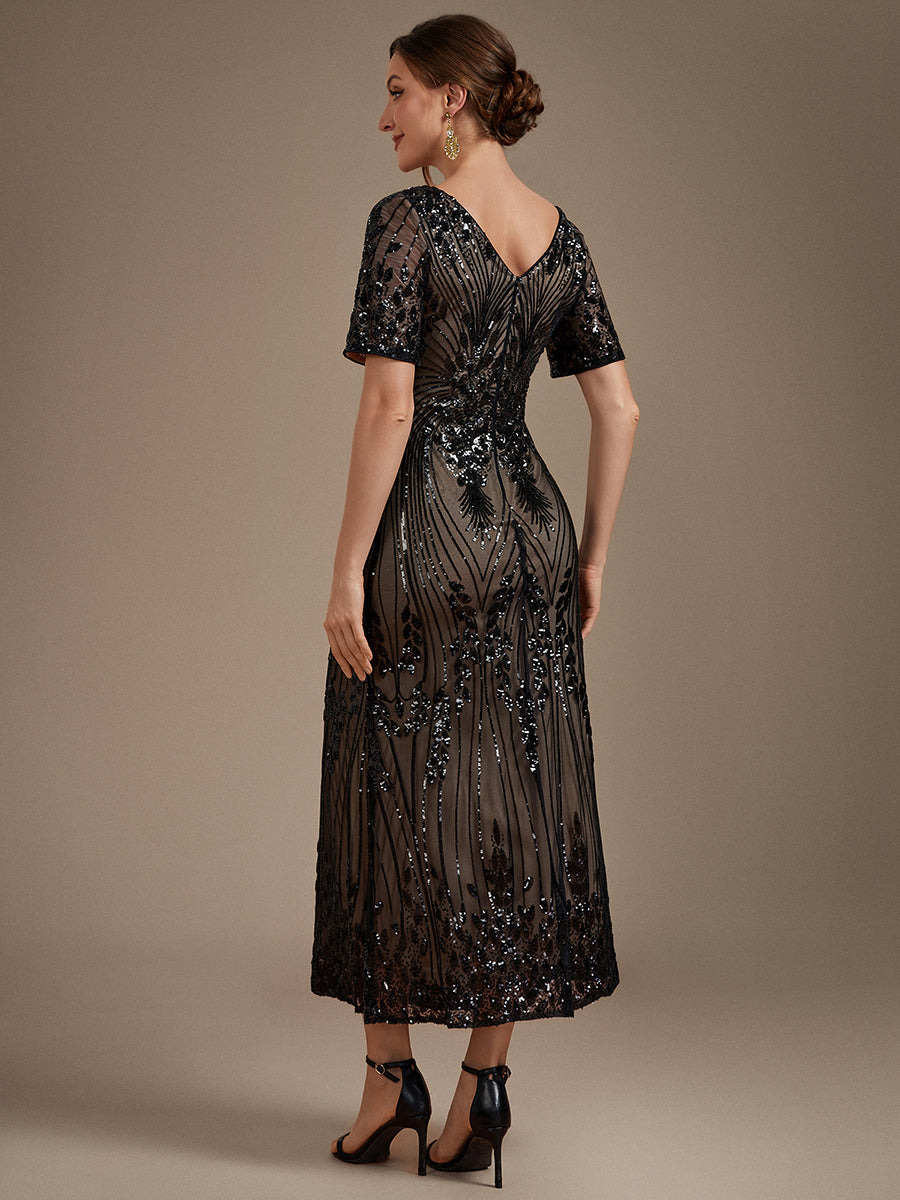 Wholesale Pricing Plus Size Short Sleeve Sheath Sequined V-Neck Wedding Guest Dresses - EG02793BK-R2.jpg