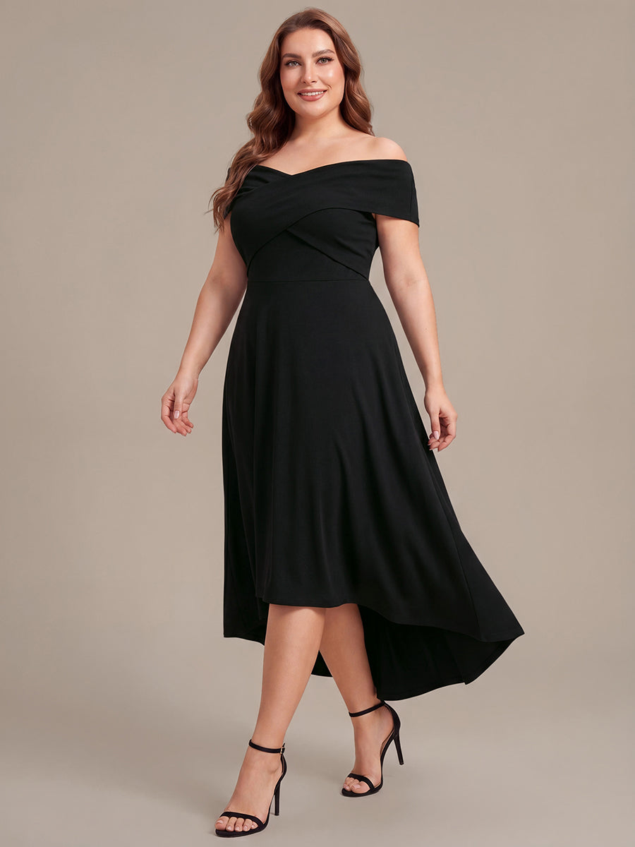 Color=Black | Wholesale Pricing Off-the-Shoulder Sleeveless High Stretch A-Line V-Neck Wedding Guest Dresses-Black 9