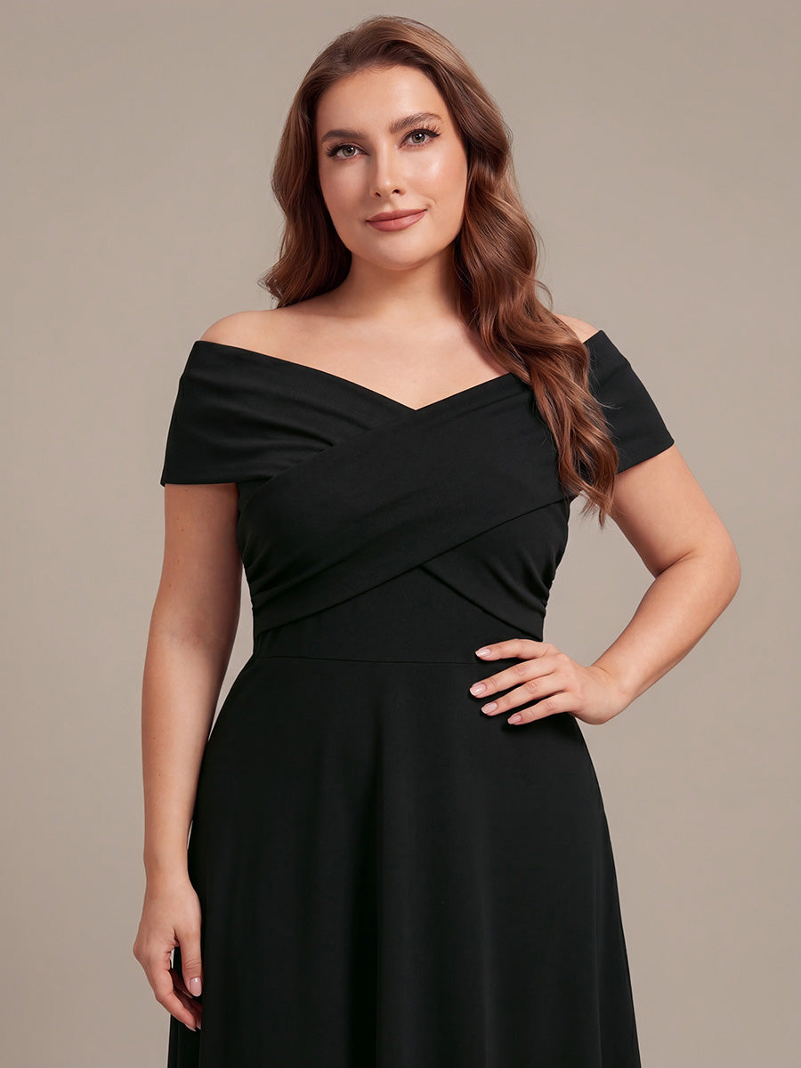 Color=Black | Wholesale Pricing Off-the-Shoulder Sleeveless High Stretch A-Line V-Neck Wedding Guest Dresses-Black 8