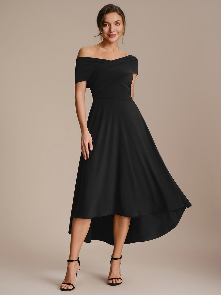 Off-the-Shoulder A-Line V-Neck Wedding Guest Dress