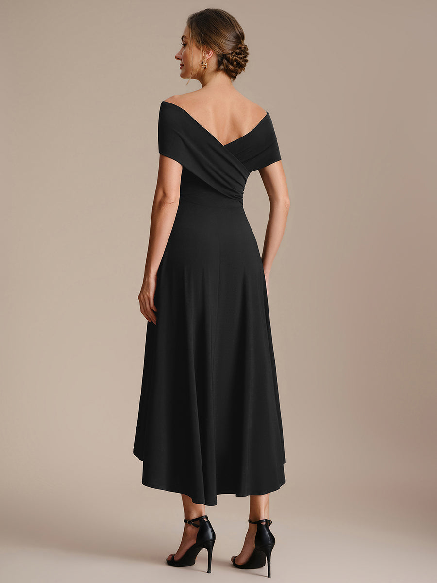 Color=Black | Wholesale Pricing Off-the-Shoulder Sleeveless High Stretch A-Line V-Neck Wedding Guest Dresses-Black 2