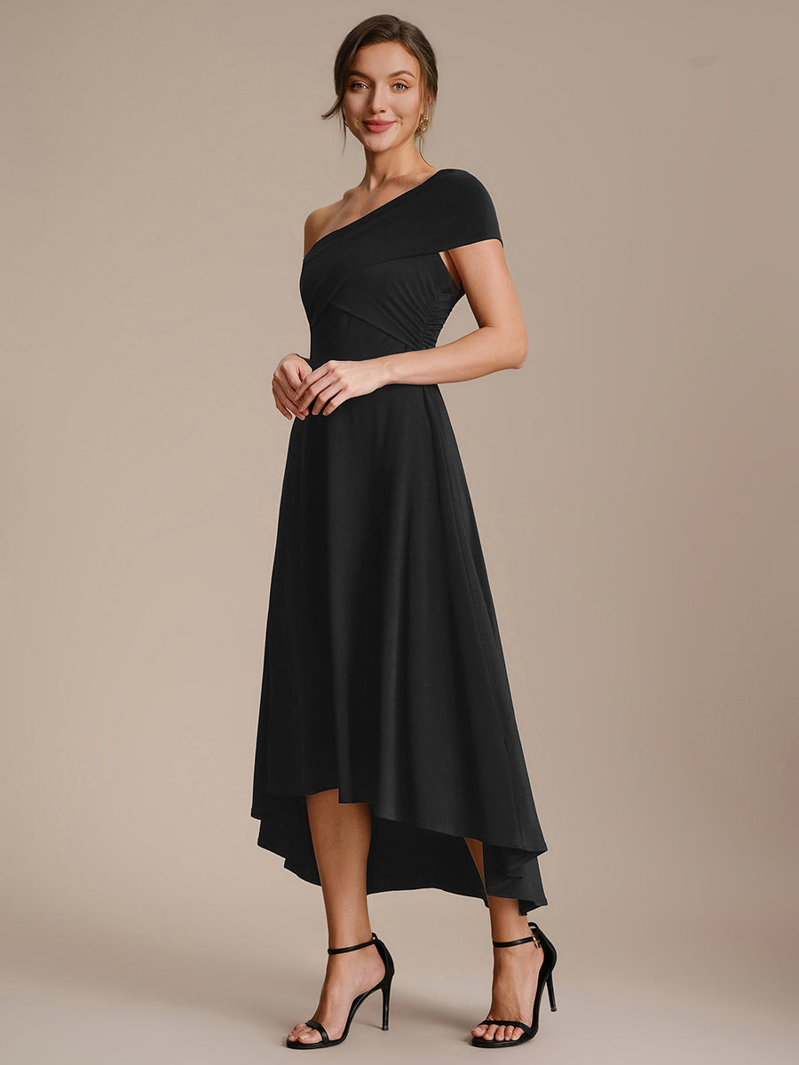Color=Black | Wholesale Pricing Off-the-Shoulder Sleeveless High Stretch A-Line V-Neck Wedding Guest Dresses-Black 3