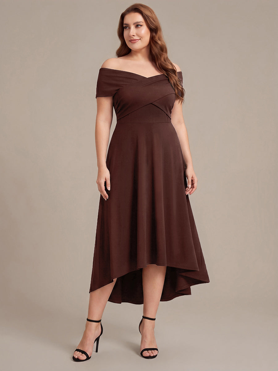 Color=Chocolate Brown | Wholesale Pricing Off-the-Shoulder Sleeveless High Stretch A-Line V-Neck Wedding Guest Dresses-Chocolate Brown 16